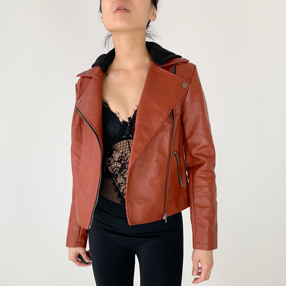 MOTO Biker Hooded Jacket- Camel Cognac - Picture 4 of 7